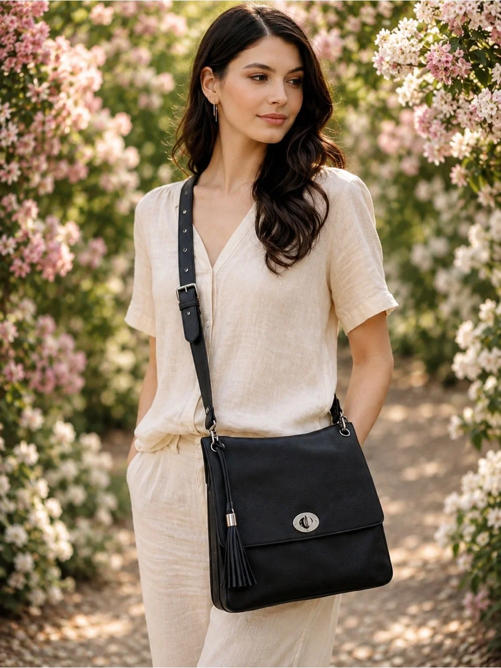 RACHEL Rachel Roy Black Leather-Look Crossbody with Tassel